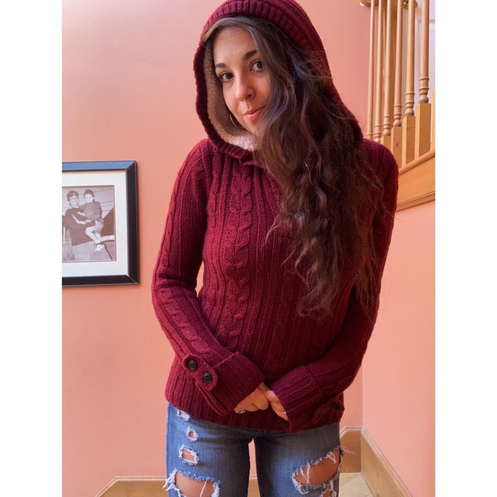 Soft Fuzzy Hooded Maroon Sweater